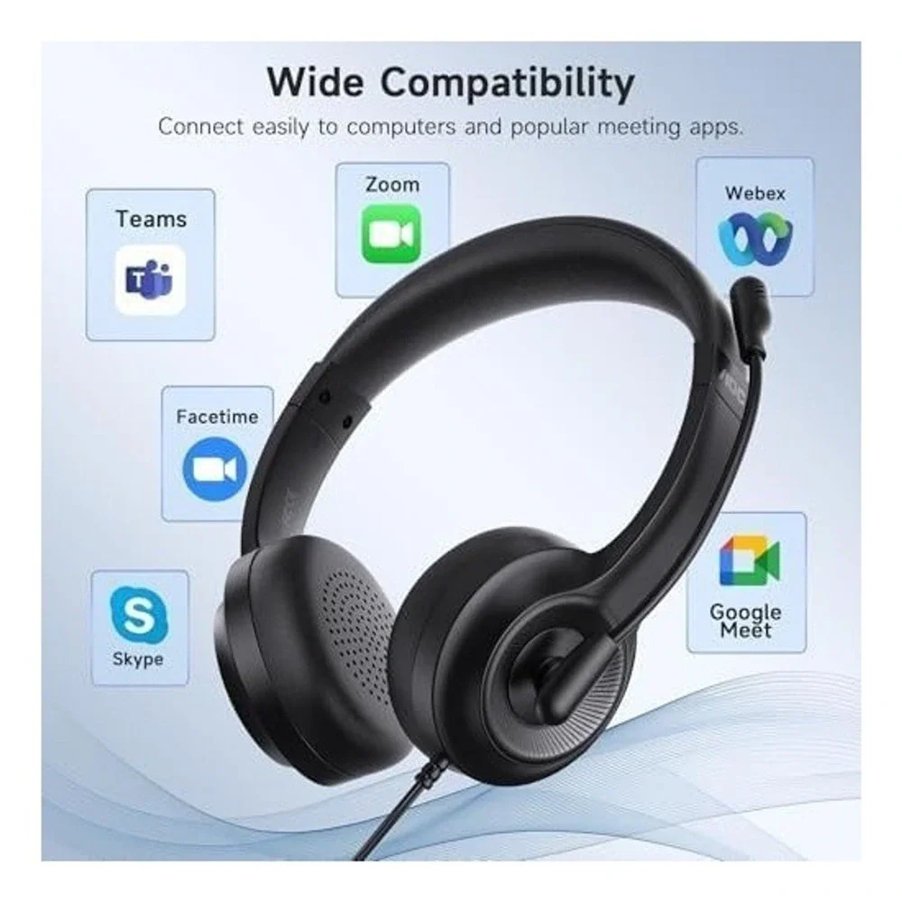 AOC USB Wired Headset Noise Cancelling Rotating Microphone Black PC Mac